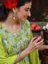 Lime Green Pure Cotton Floral Printed Yoke Design A-line Kurta Set